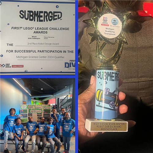 a collage of three pictures a second place certificate, robotics team smiling and the second place trophy  